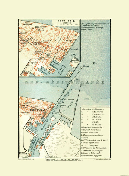 Historic Map - Port Said Egypt - Baedeker 1913 - 23 x 31.42 - Vintage Wall Art