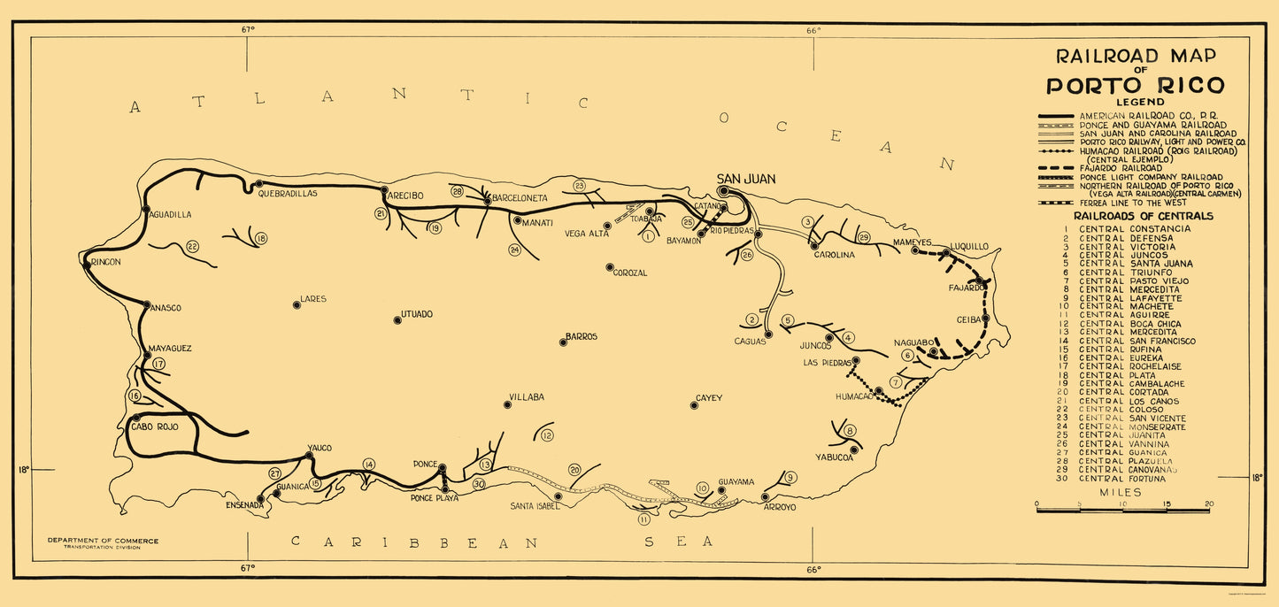 Historic Map - Puerto Rico Railroads - Dept of Commerce 1924 - 23 x 48.47 - Vintage Wall Art