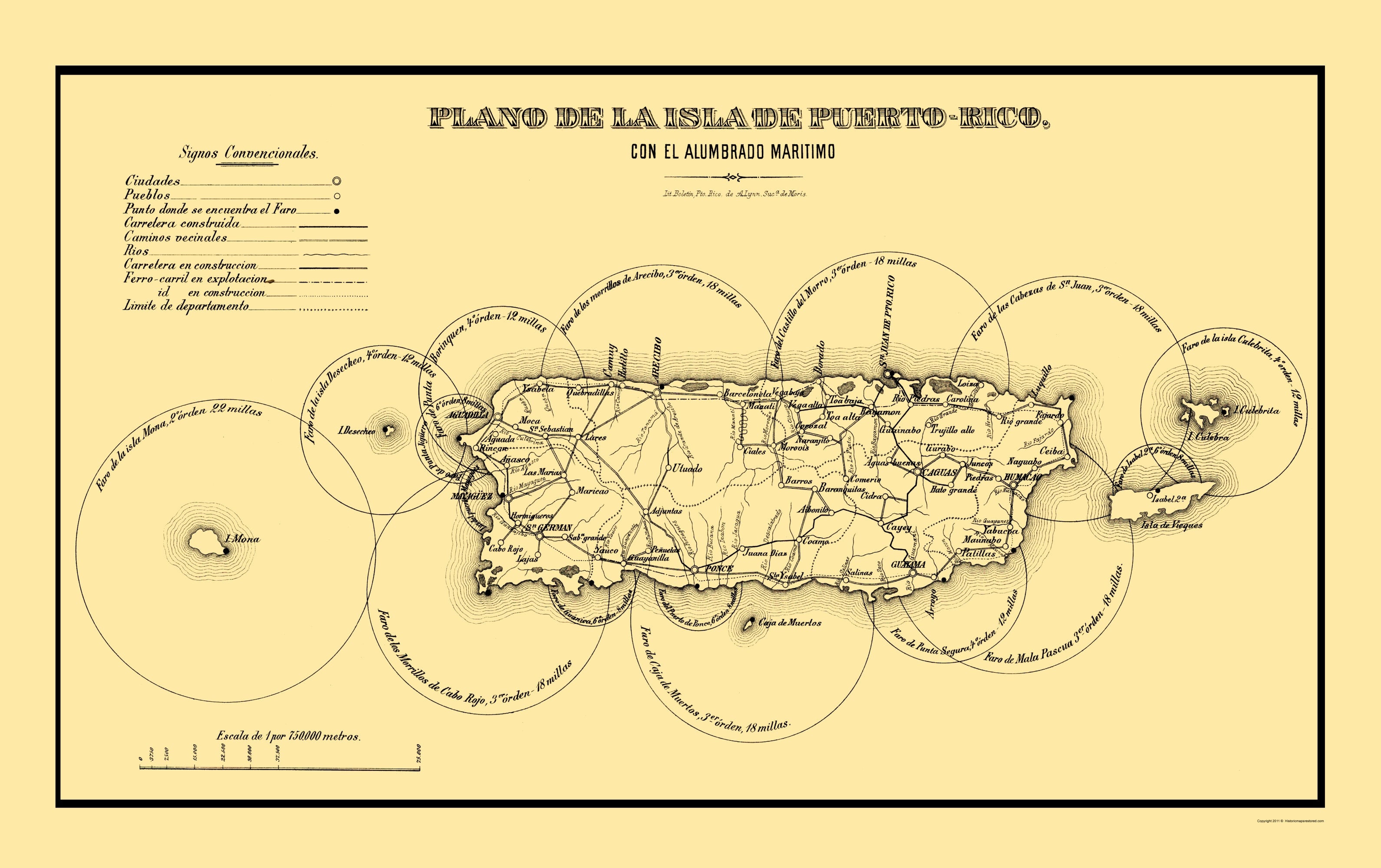 Puerto Rico Colonial Map Historic Map - Puerto Rico Lighthouses - 1885 - 23 x 36.58 - Vintage W ...
