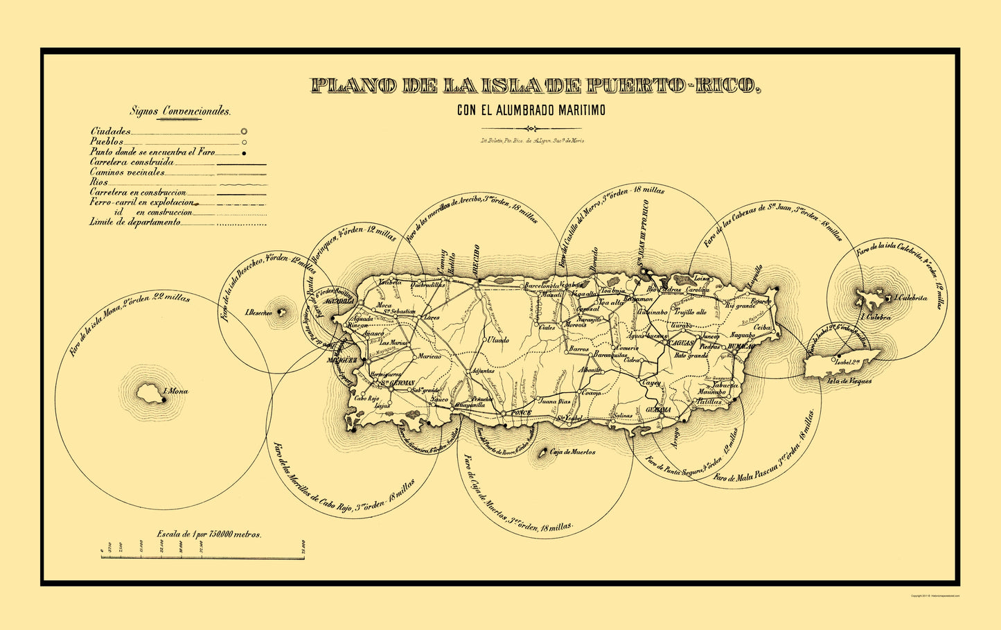 Historic Map - Puerto Rico Lighthouses - 1885 - 23 x 36.58 - Vintage Wall Art