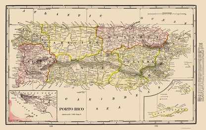 Puerto Rico Colonial Map Historic Map - Puerto Rico - Cram 1898 - 23 x 36.57 - Vintage Wall Art ...