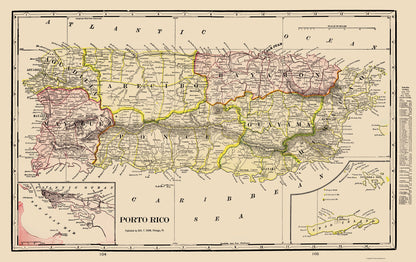 Historic Map - Puerto Rico - Cram 1898 - 23 x 36.57 - Vintage Wall Art