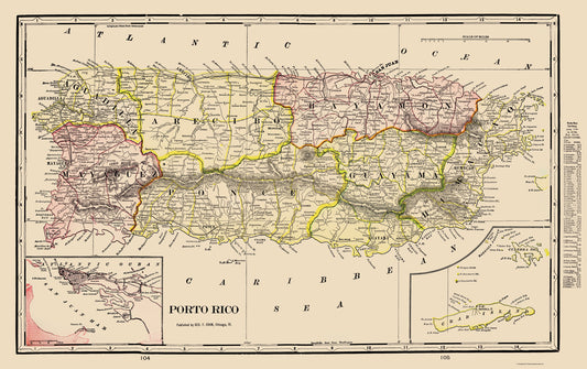 Historic Map - Puerto Rico - Cram 1898 - 23 x 36.57 - Vintage Wall Art