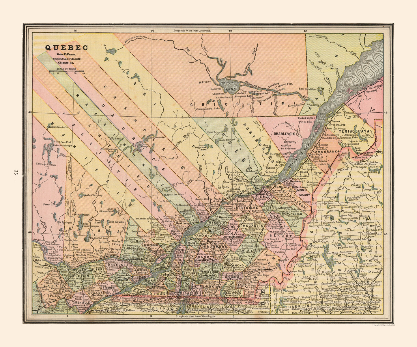 Historic Map - Quebec Province Canada - Cram 1888 - 27.66 x 23 - Vintage Wall Art