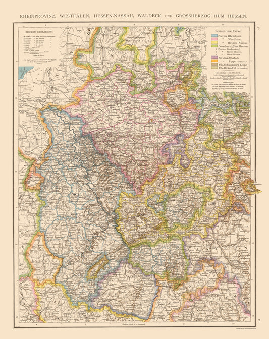 Historic Map - Rheinprovinz Westfalen Hessen Nassau Germany - Andree 1895 - 23 x 29 - Vintage Wall Art