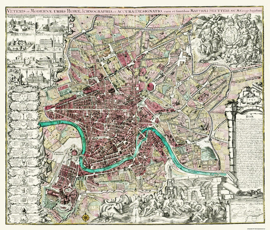 Historic Map - Rome Italy - 1745 - 27 x 23 - Vintage Wall Art