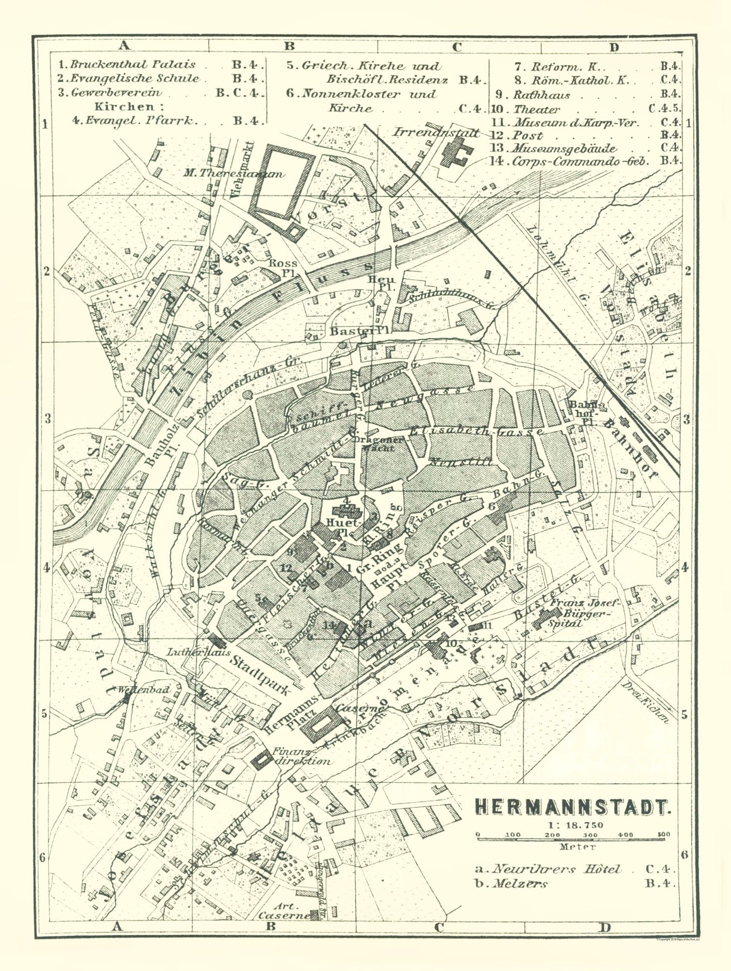 Historic Map - Sibiu Hermannstadt Romania - Baedeker 1896 - 23 x 30.53 - Vintage Wall Art
