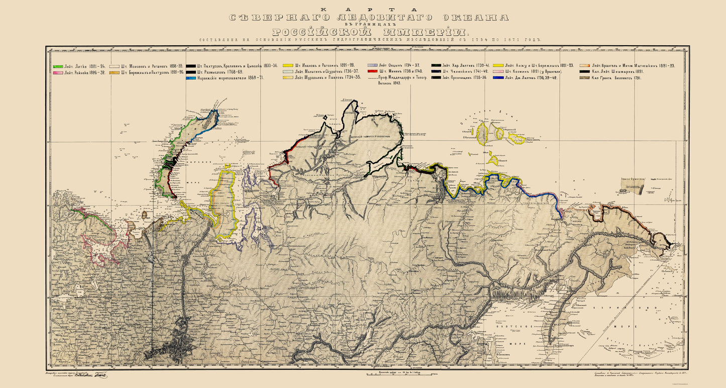 Historic Map - Russia Arctic Coast - Buache 1874 - 23 x 43 - Vintage Wall Art