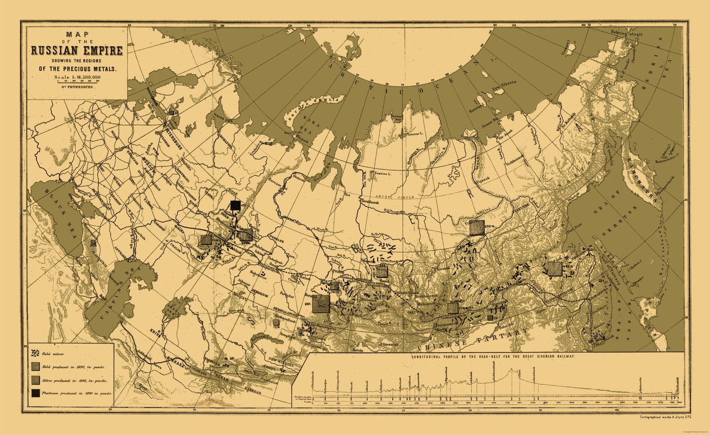 Historic Map - Russian Empire Precious Metals - Jlyne 1890 - 37.51 x 23 - Vintage Wall Art