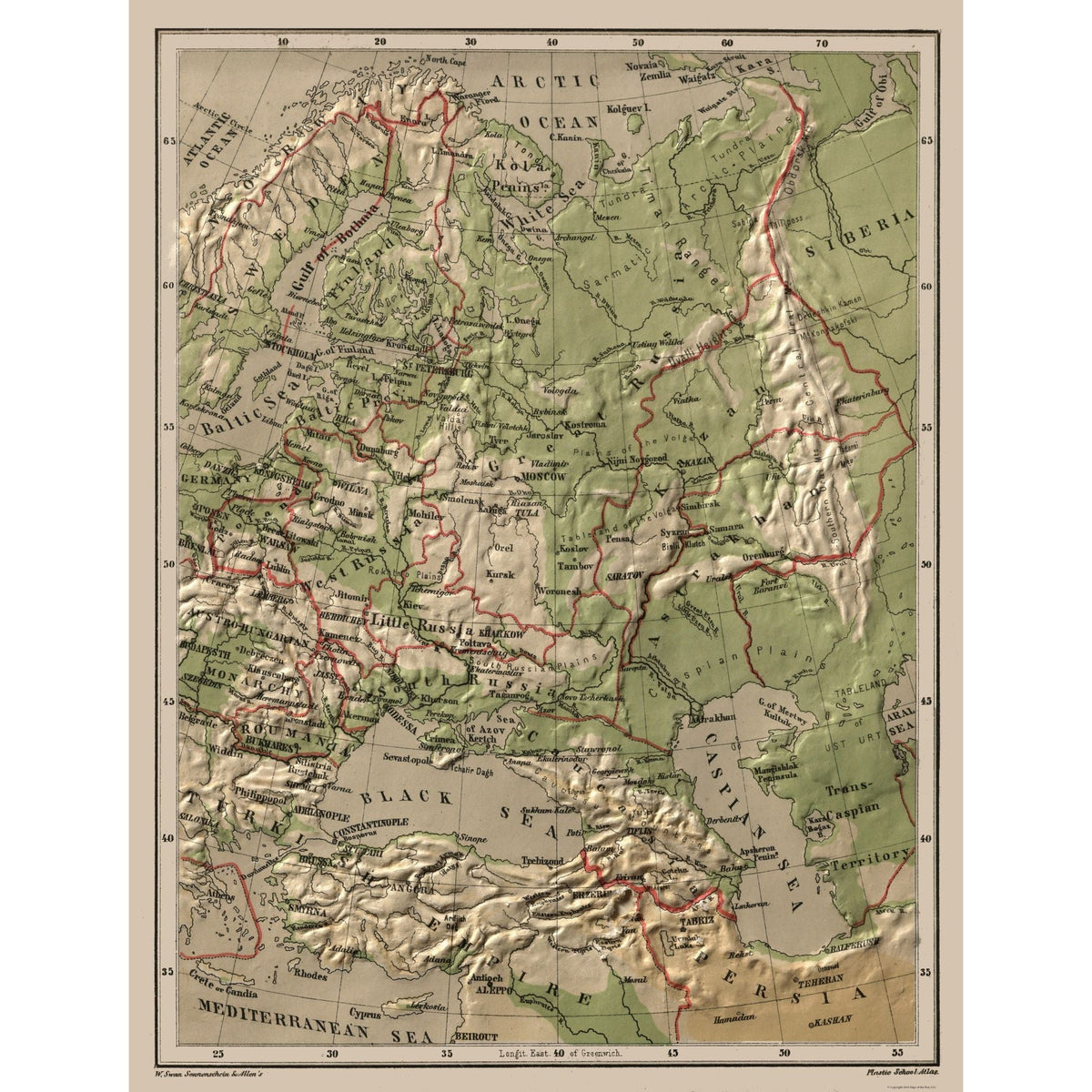 Map Of Rosh Historic Map - Russia Eastern Relief - Swan 1880 - 23 x 30.11 - Vintag ...