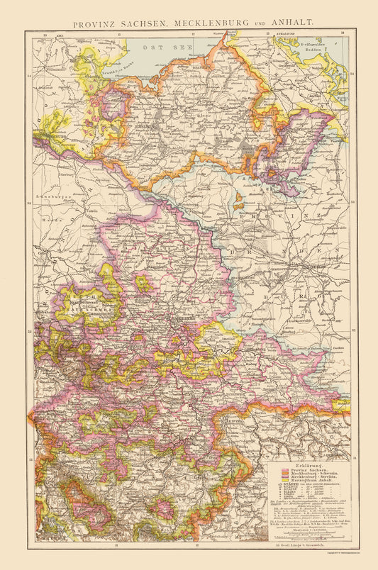 Historic Map - Saxony Mecklenburg Region Germany - Velhagen 1881 - 23 x 34.69 - Vintage Wall Art