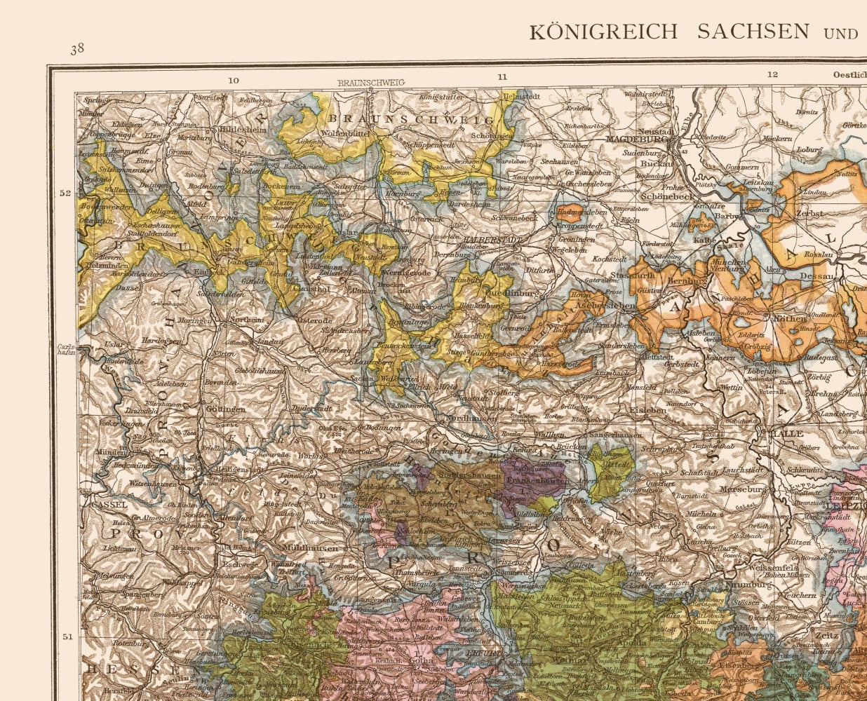 Historic Map - Kingdom Saxony Thuringia Region Germany - Velhagen 1881 - 23 x 28 - Vintage Wall Art