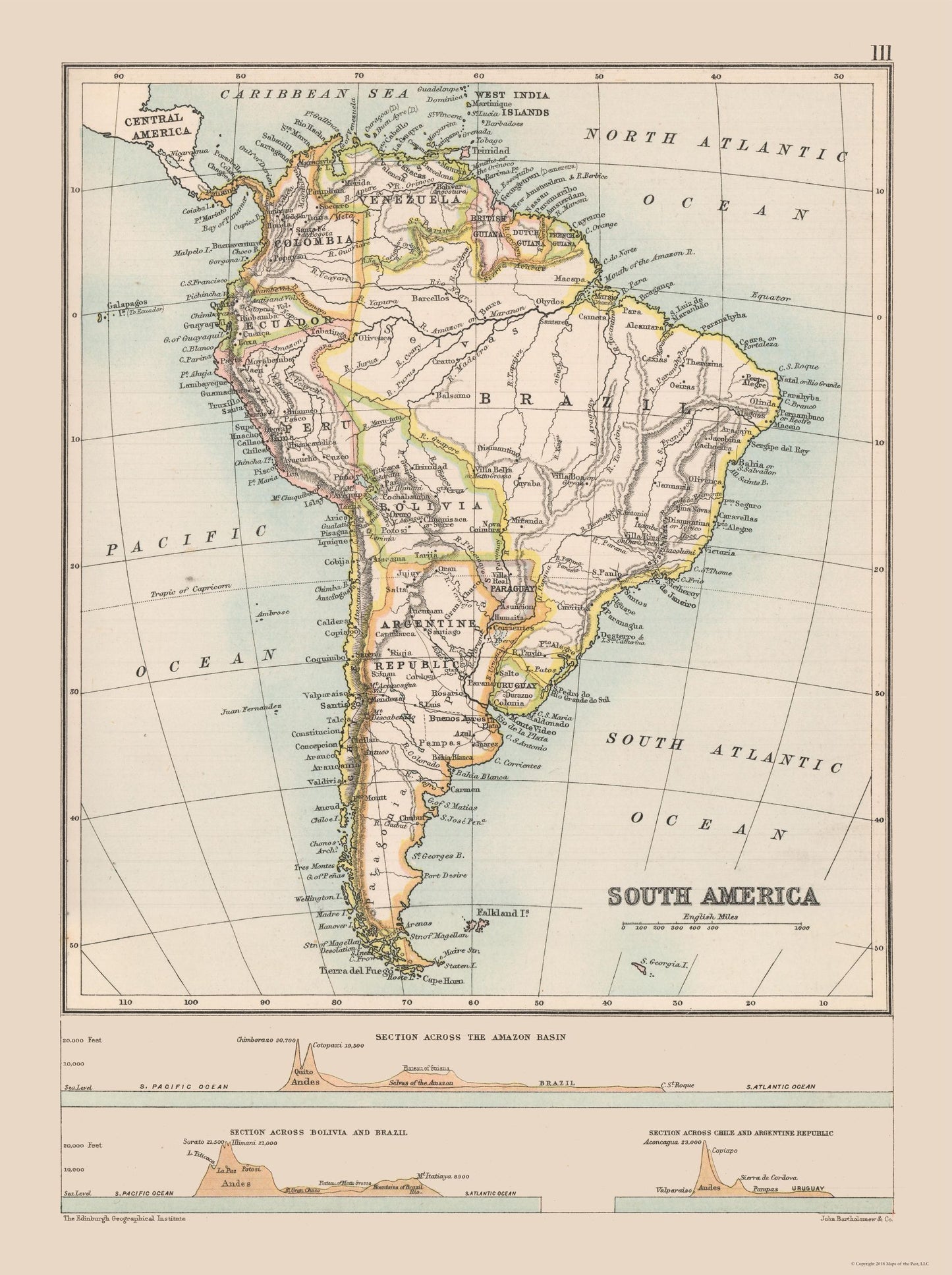 Historic Map - South America Elevation - Bartholomew 1892 - 30.79 x 23 - Vintage Wall Art