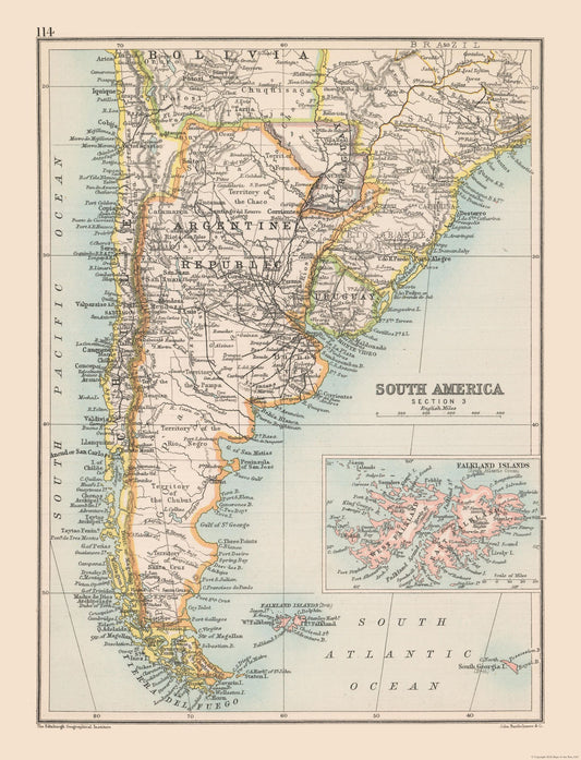 Historic Map - Argentina Bolivia Chile Uruguay - Bartholomew 1892 - 30.06 x 23 - Vintage Wall Art