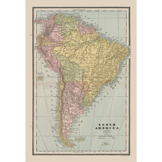 Historic Map - South America - Cram 1888 - 23 x 33.51 - Vintage Wall Art