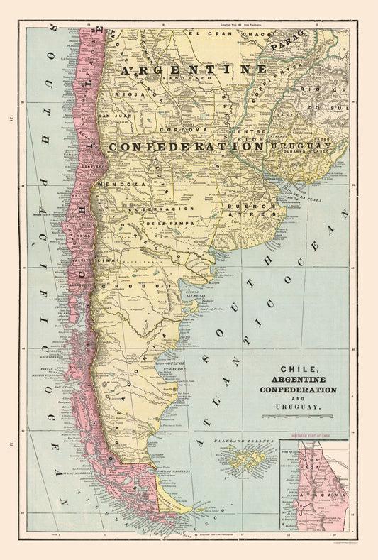 Historic Map - Chile Argentina Uruguay - Cram 1892 - 23 x 34.04 - Vintage Wall Art