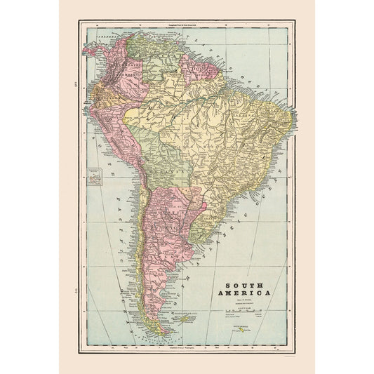 Historic Map - South America - Cram 1892 - 23 x 33.58 - Vintage Wall Art
