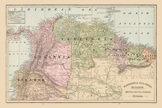 Historic Map - Venezuela Ecuador Guiana Colombia - Cram 1892 - 34.38 x 23 - Vintage Wall Art