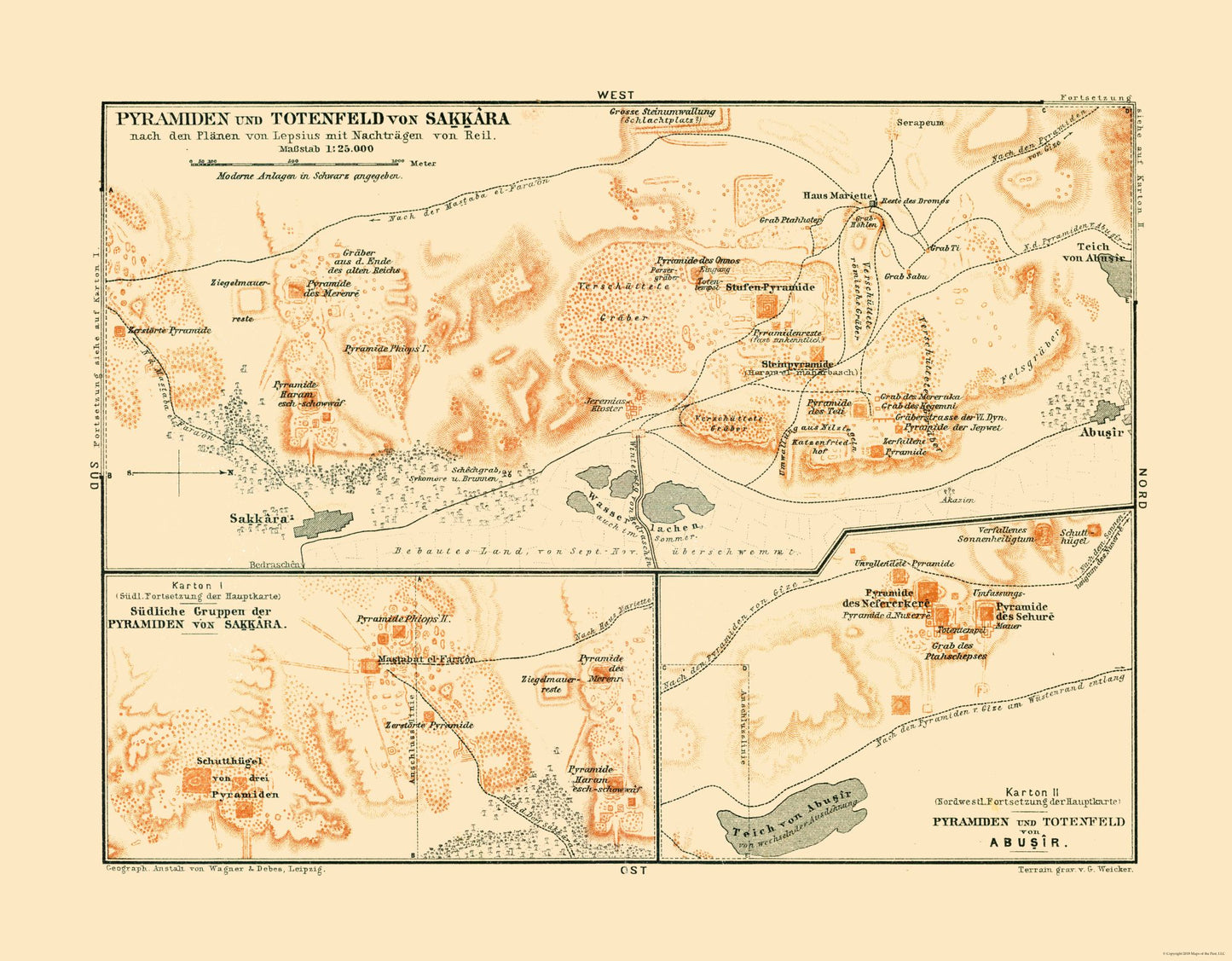 Historic Map - Saqqara Pyramids Egypt - Baedeker 1913 - 29.48 x 23 - Vintage Wall Art