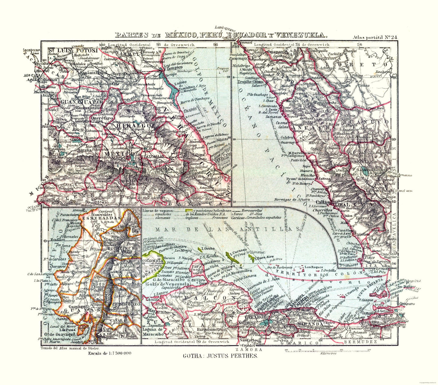 Historic Map - Mexico Peru Venezuela Ecuador - Perthes 1921 - 26.15 x 23 - Vintage Wall Art