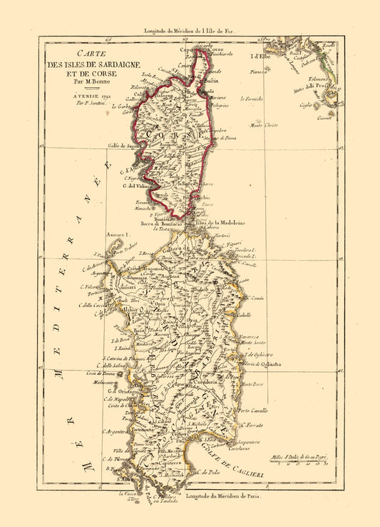 Historic Map - Sardinia Italy Corsica France - Santini 1794 - 23 x 31.85 - Vintage Wall Art