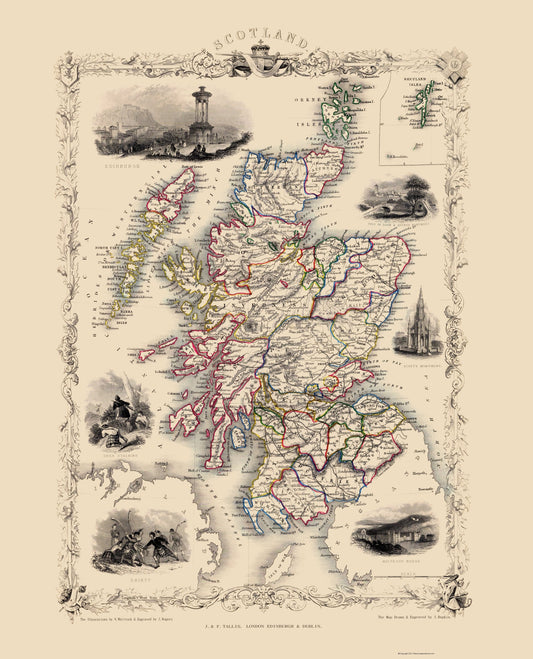 Historic Map - Scotland - Tallis 1851 - 23 x 28.45 - Vintage Wall Art