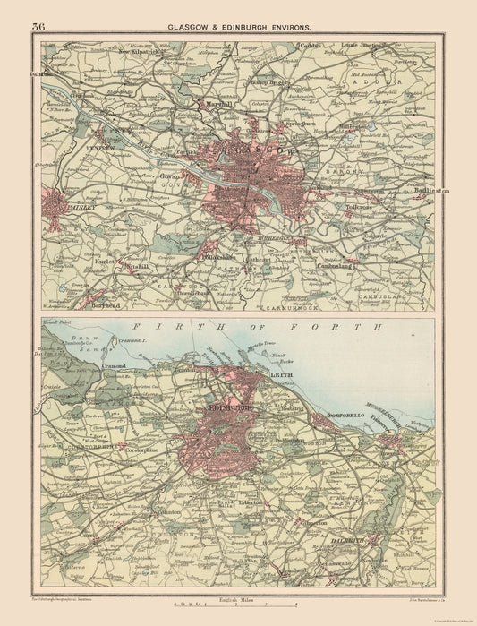 Historic Map - Glasgow Edinburgh Scotland - Bartholomew 1892 - 23 x 30.18 - Vintage Wall Art