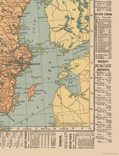 Historic Map - Sweden Norway Denmark - Hammond 1910 - 23 x 29.97 - Vintage Wall Art