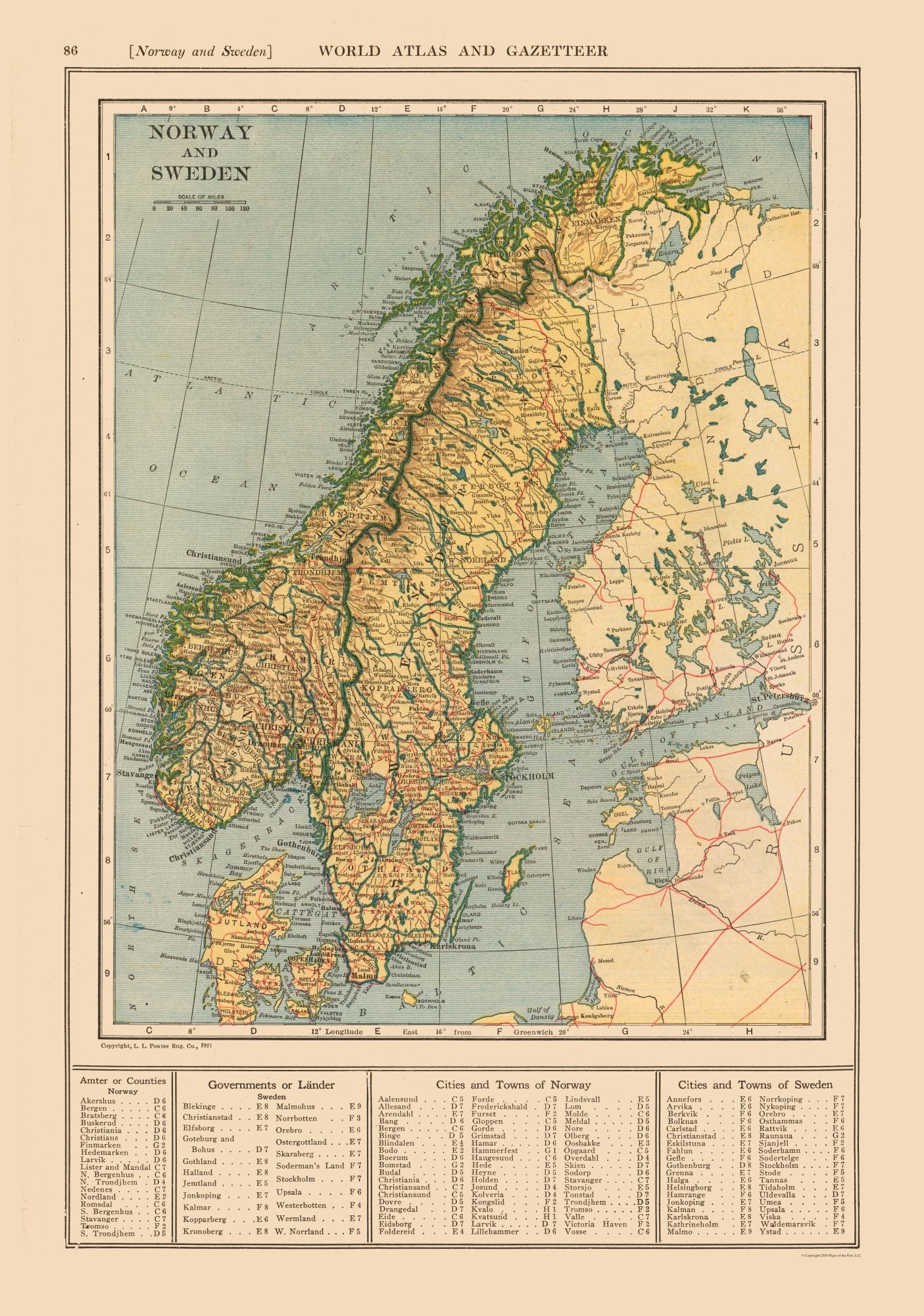 Historic Map - Norway Sweden - Reynold 1921 - 23 x 32.75 - Vintage Wall Art