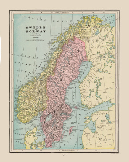 Historic Map - Sweden Norway - Cram 1892 - 23 x 28.93 - Vintage Wall Art