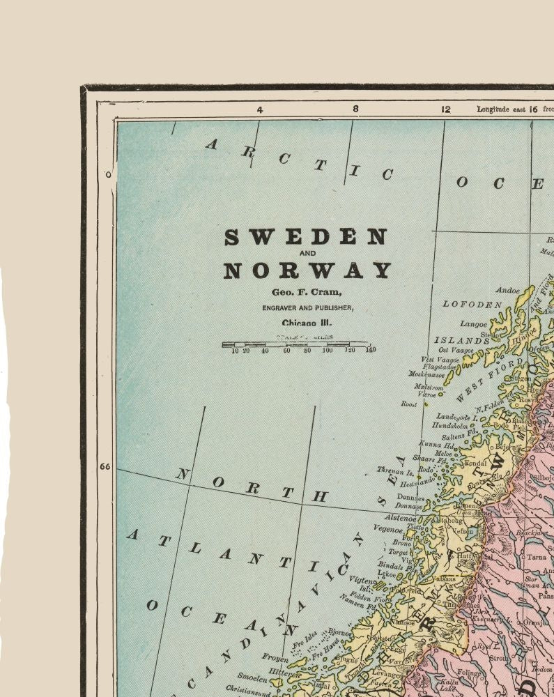 Historic Map - Sweden Norway - Cram 1892 - 23 x 28.93 - Vintage Wall Art