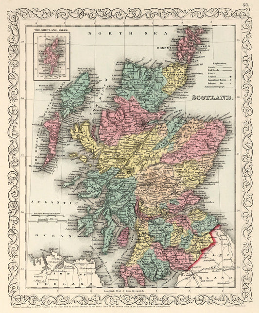 Historic Map - Scotland - Desilver 1859 - 23 x 27.82 - Vintage Wall Art