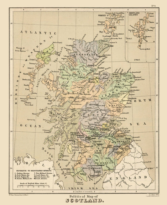 Historic Map - Scotland Political - Sonnenschein 1880 - 23 x 28.24 - Vintage Wall Art