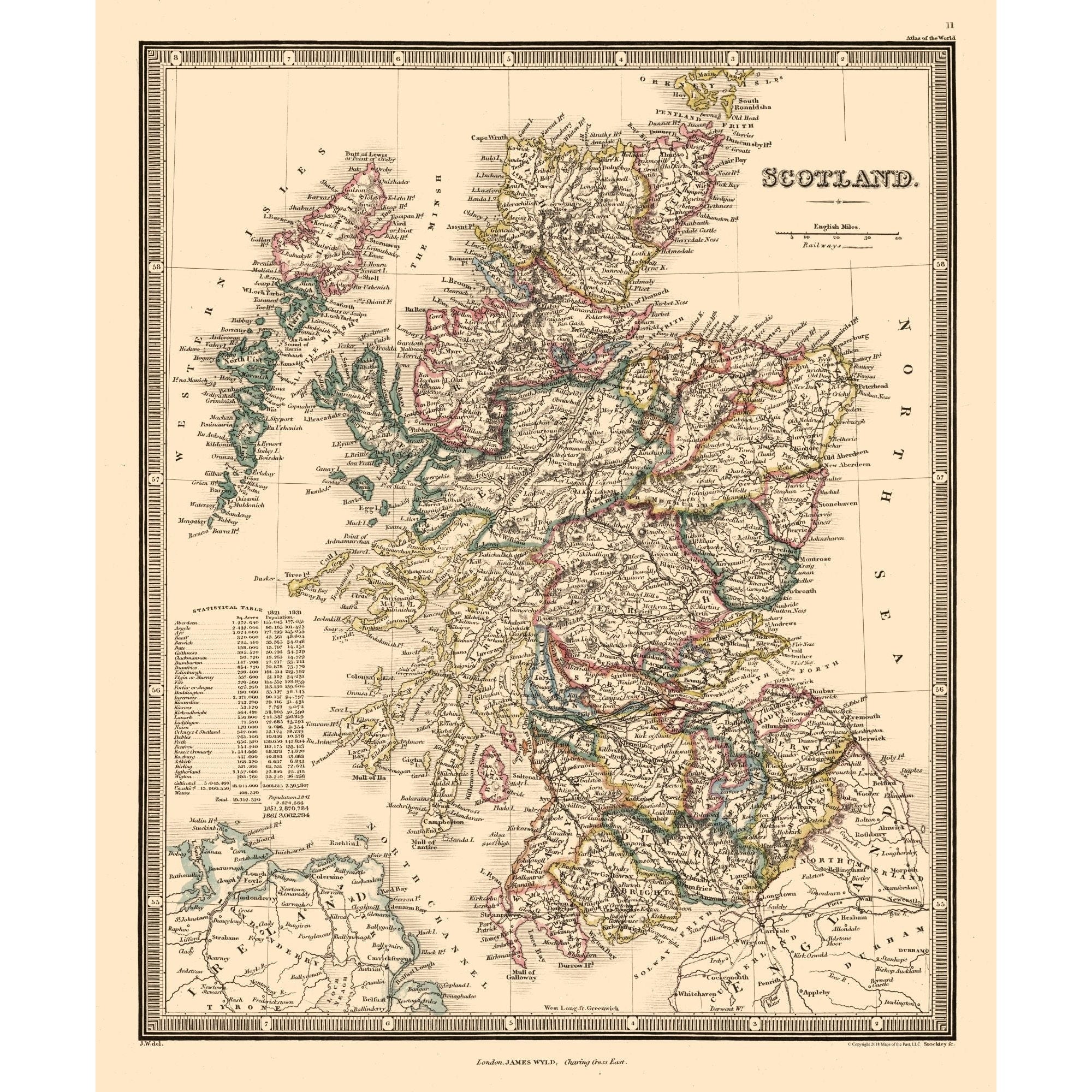 Equirectangular Map Scotland Historic Map - Scotland Regions - Wyld 1864 - 23 x 27.89 - Vintage Wal ...