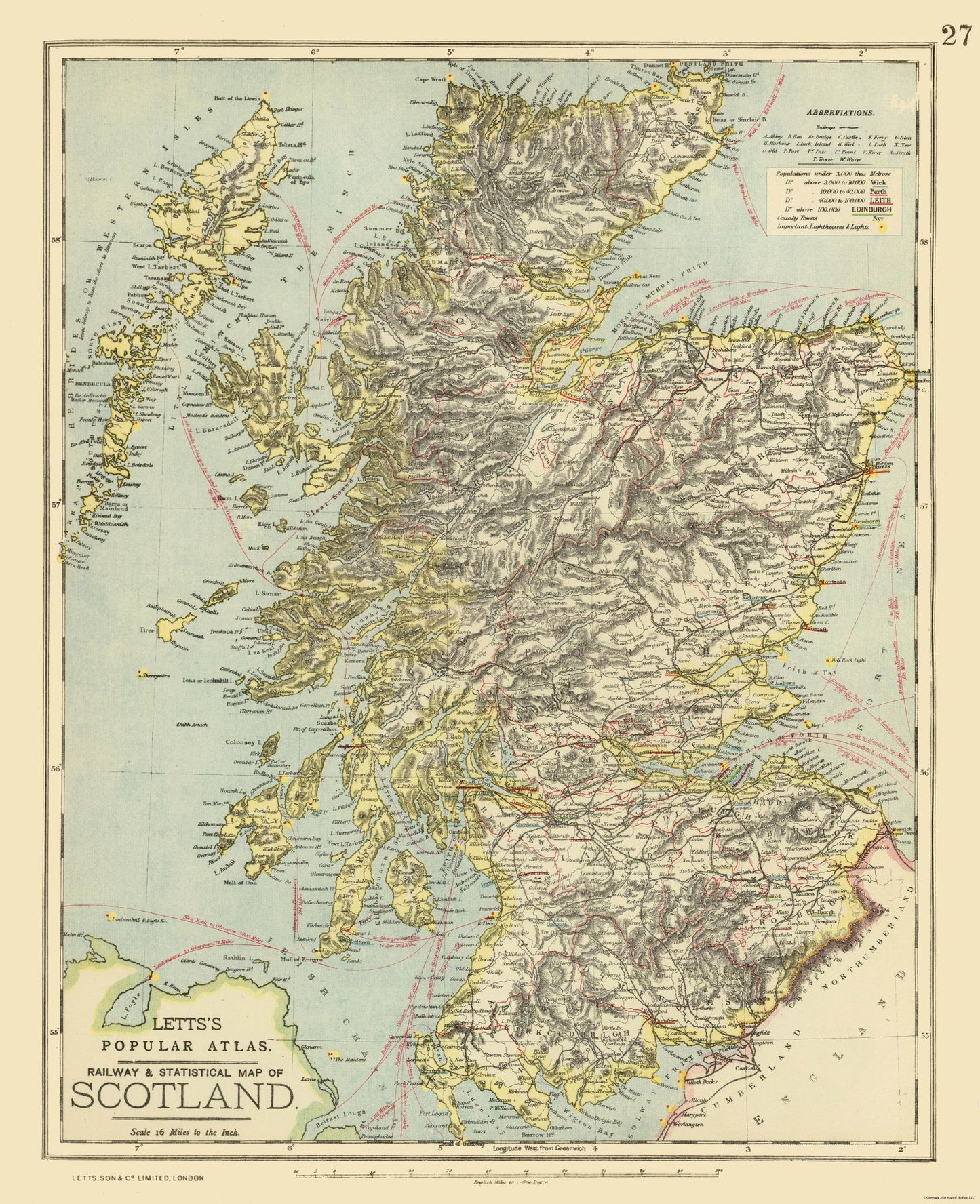 Historic Map - Scotland Railways - Letts 1883 - 23 x 28.28 - Vintage Wall Art