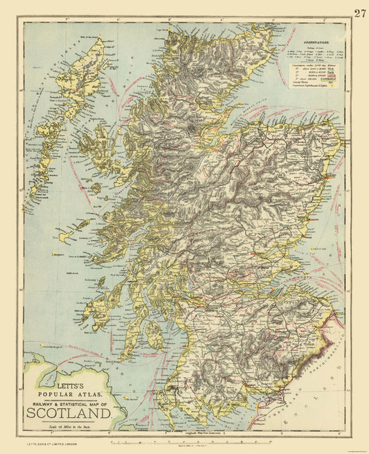 Historic Map - Scotland Railways - Letts 1883 - 23 x 28.28 - Vintage Wall Art