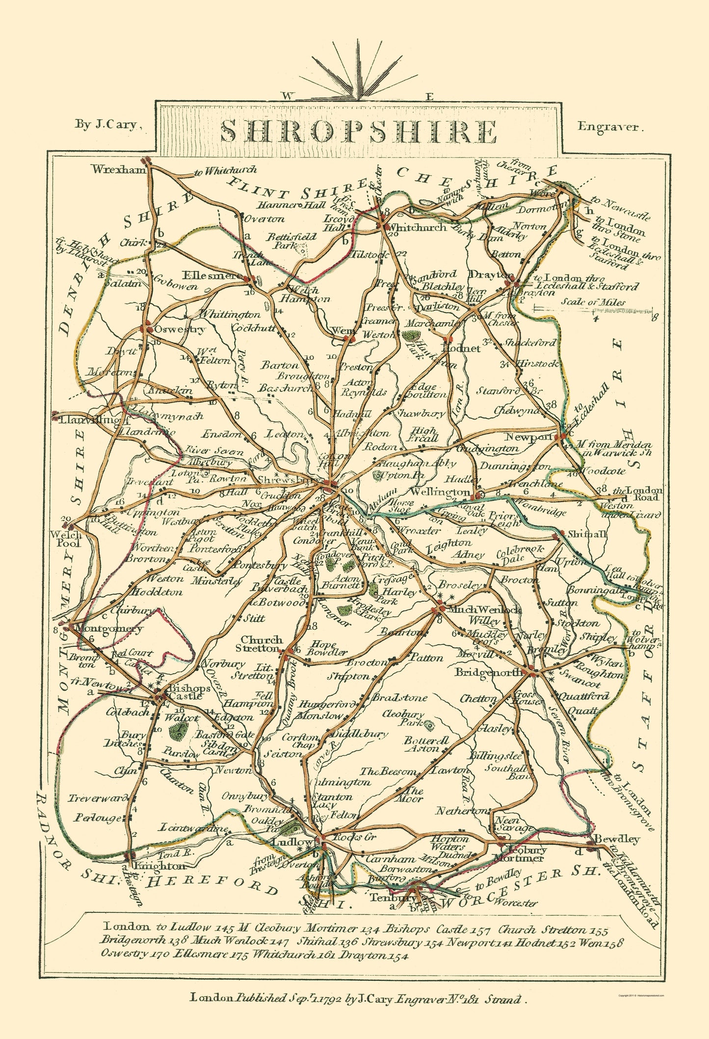 Historic Map - Shropshire County England - Cary 1792 - 23 x 33.71 - Vintage Wall Art