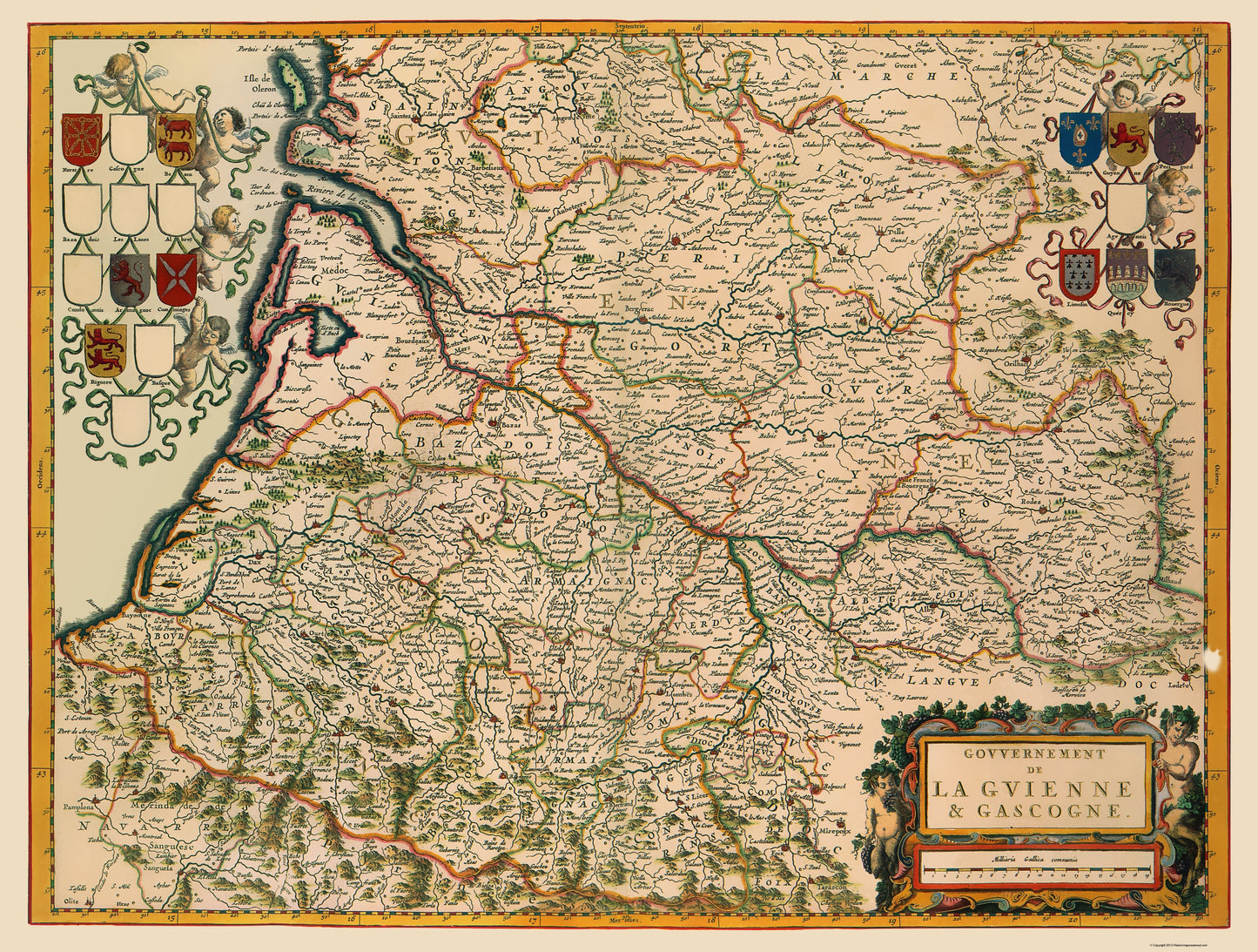 Historic Map - Southwestern Wine Region France - Blaeu 1662 - 23 x 30.39 - Vintage Wall Art