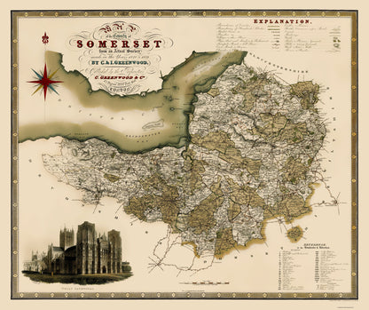 Historic Map - Somerset County England - Greenwood 1820 - 23 x 27.41 - Vintage Wall Art