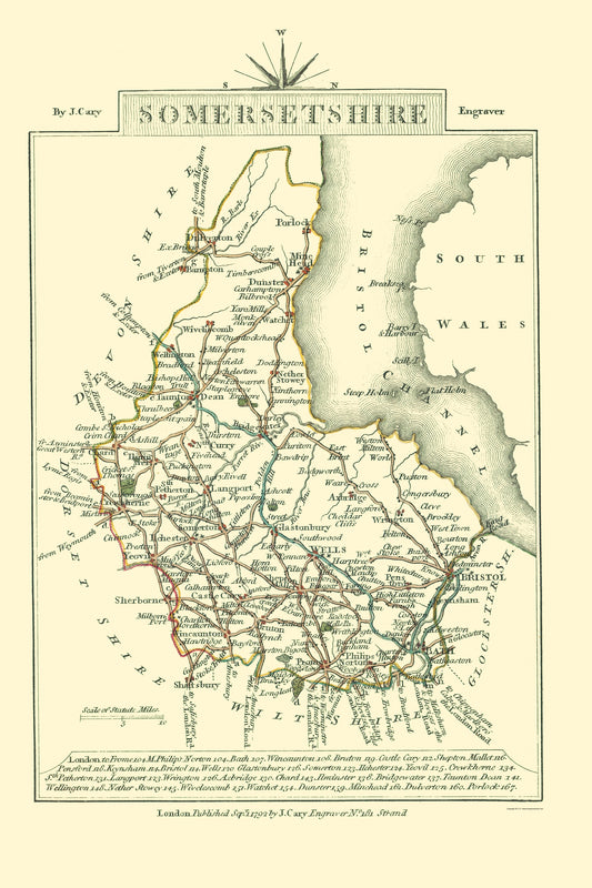 Historic Map - Somersetshire County England - Cary 1792 - 23 x 34.53 - Vintage Wall Art