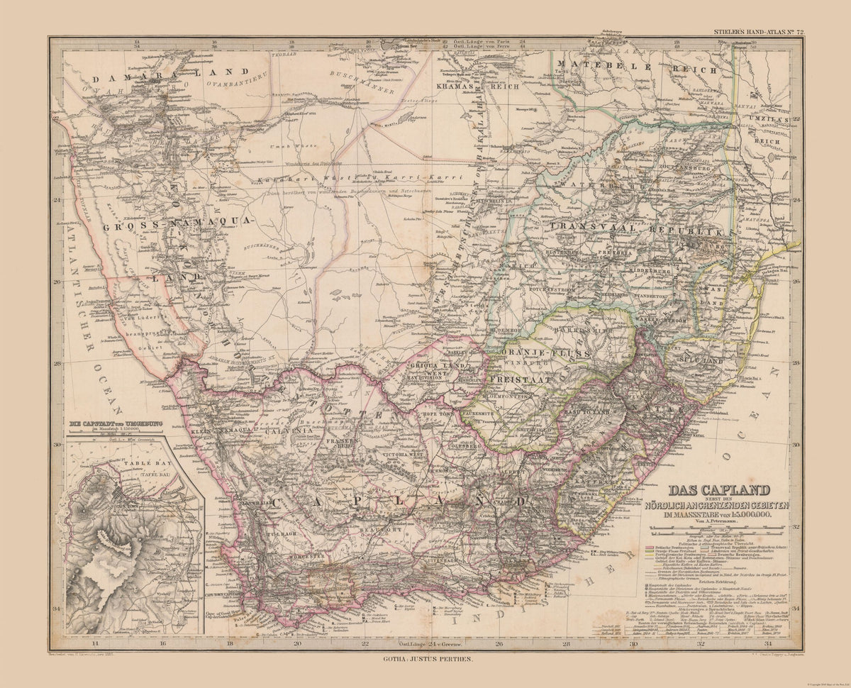 Historic Map - South Africa - Stieler 1885 - Vintage Wall Art – Maps of ...