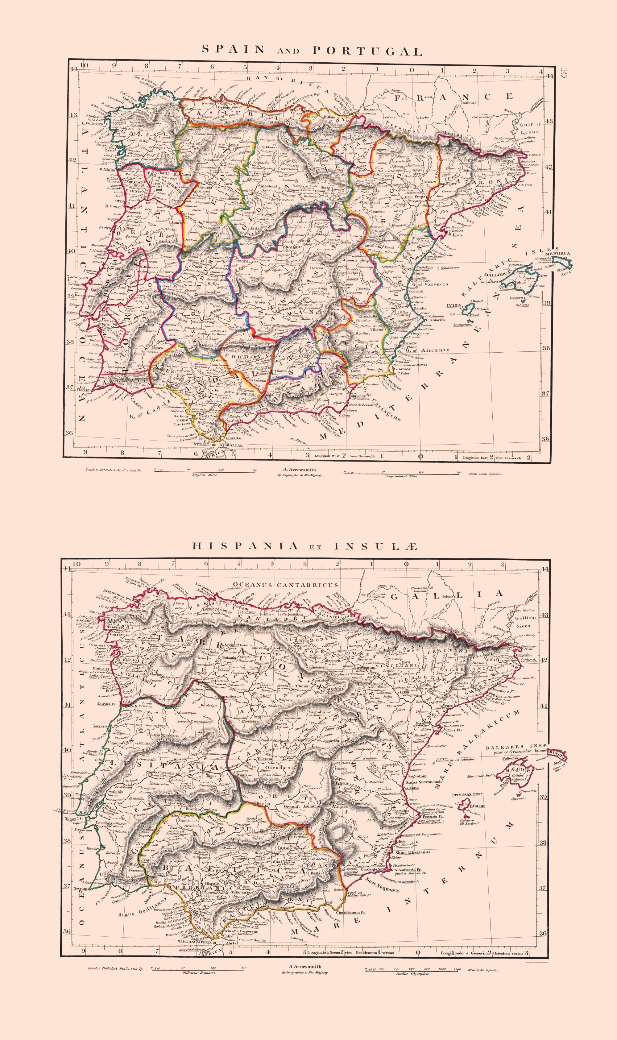 Historic Map - Spain Portugal - Arrowsmith 1828 - 23 x 38.77 - Vintage ...