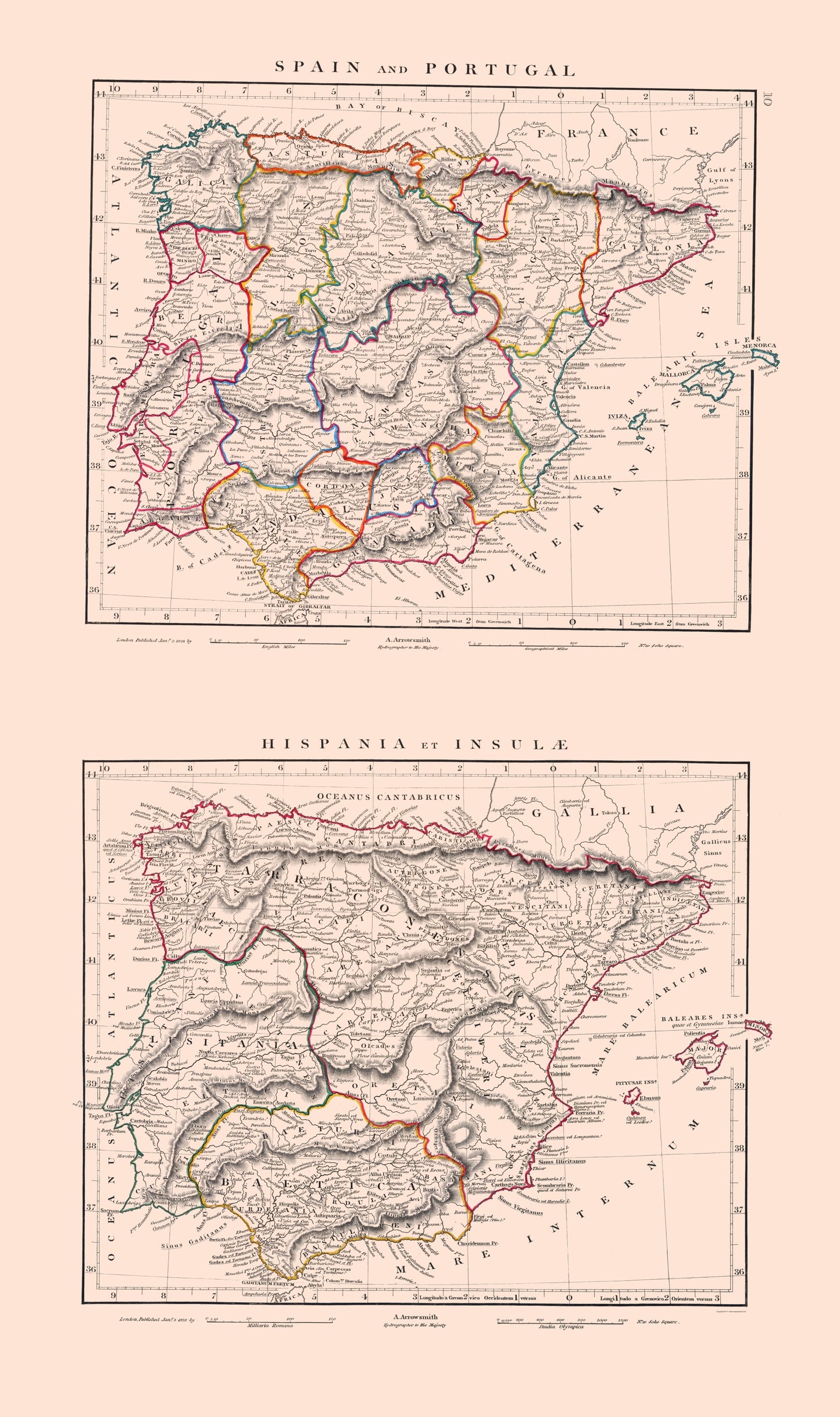 Historic Map - Spain Portugal - Arrowsmith 1828 - 23 x 38.77 - Vintage Wall Art