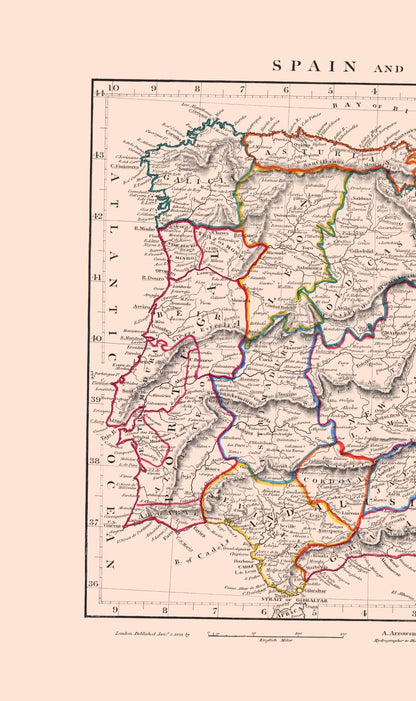 Historic Map - Spain Portugal - Arrowsmith 1828 - 23 x 38.77 - Vintage Wall Art