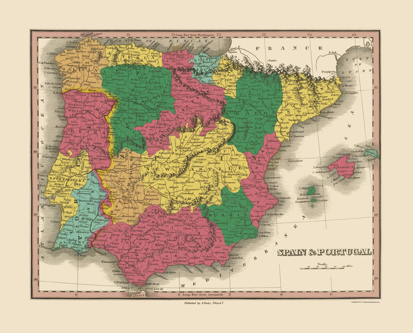 Historic Map - Spain Portugal - Finley 1833 - 23 x 28.55 - Vintage Wall Art