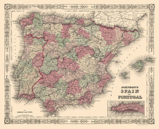 Historic Map - Spain Portugal - Johnson 1854 - 23 x 28.24 - Vintage Wall Art