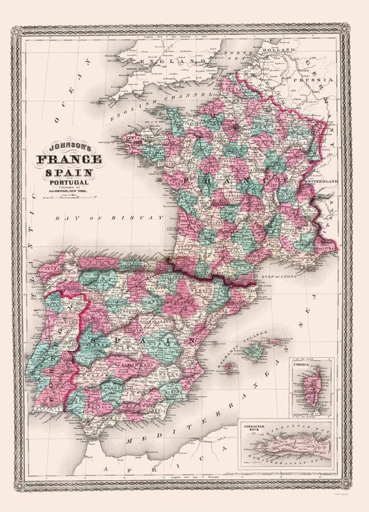 Historic Map - France Spain Portugal - Johnson 1865 - 23 x 31.83 - Vintage Wall Art