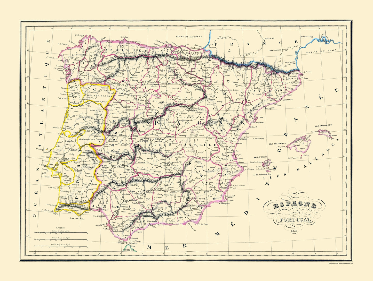 Historic Map - Spain Portugal - Andre 1836 - 23 x 30.45 - Vintage Wall Art