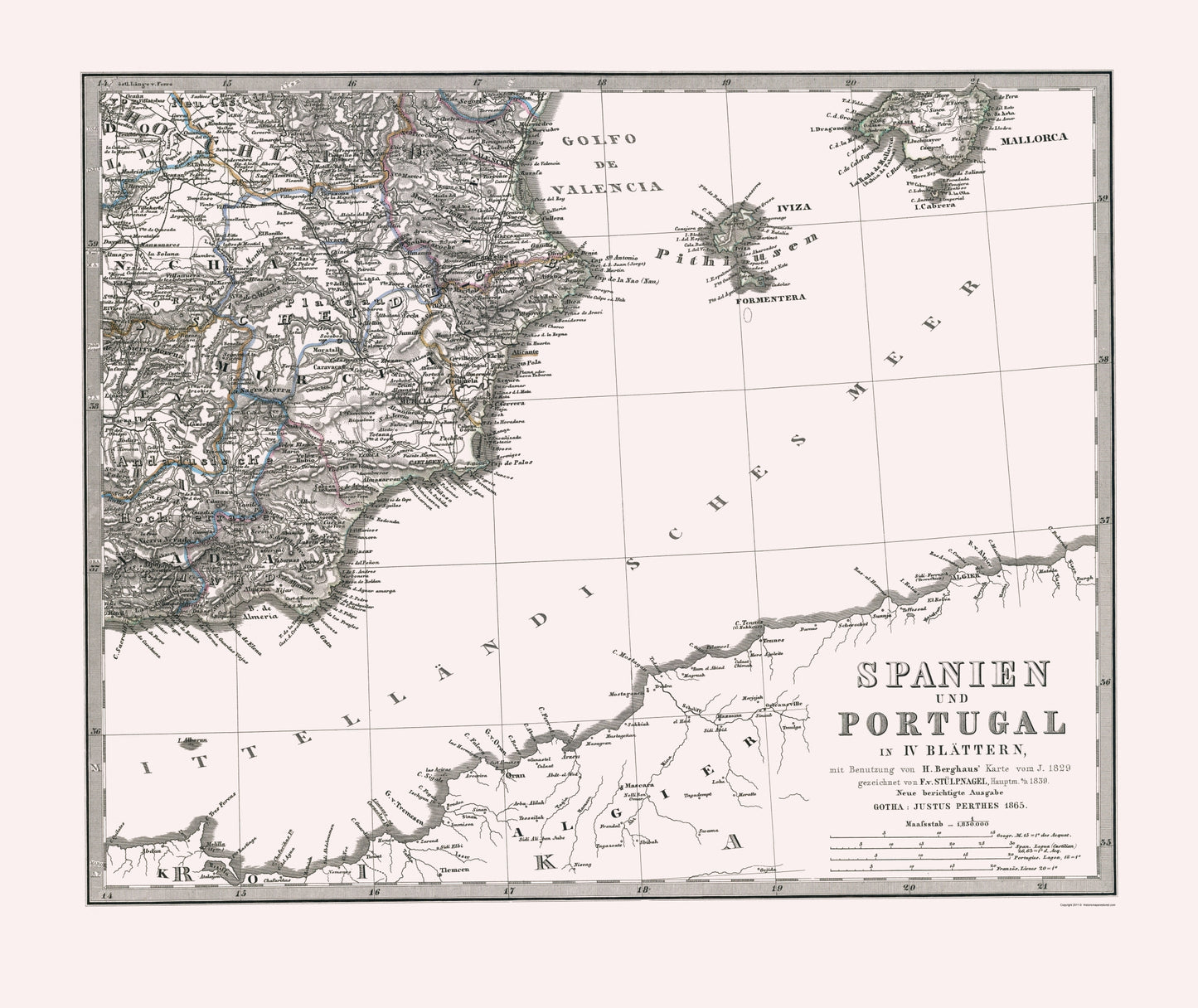 Historic Map - Spain Portugal Southeast - Perthes 1865 - 23 x 27.33 - Vintage Wall Art