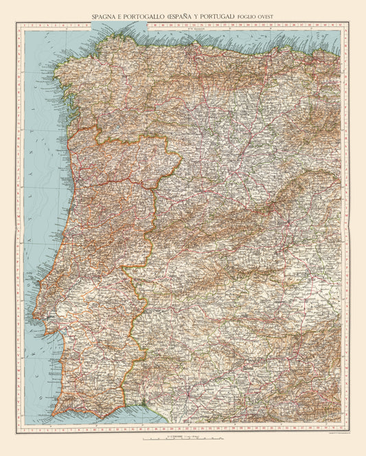 Historic Map - Spain Portugal Western - Touring Club Italiano 1929 - 23 x 28 - Vintage Wall Art